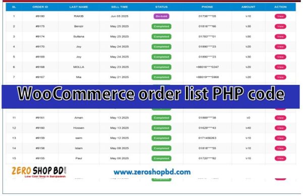 WooCommerce order list PHP code